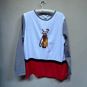 Adolfo Sport Womens Embroidered Golf Top Small White Red Long Sleeve Lightweight